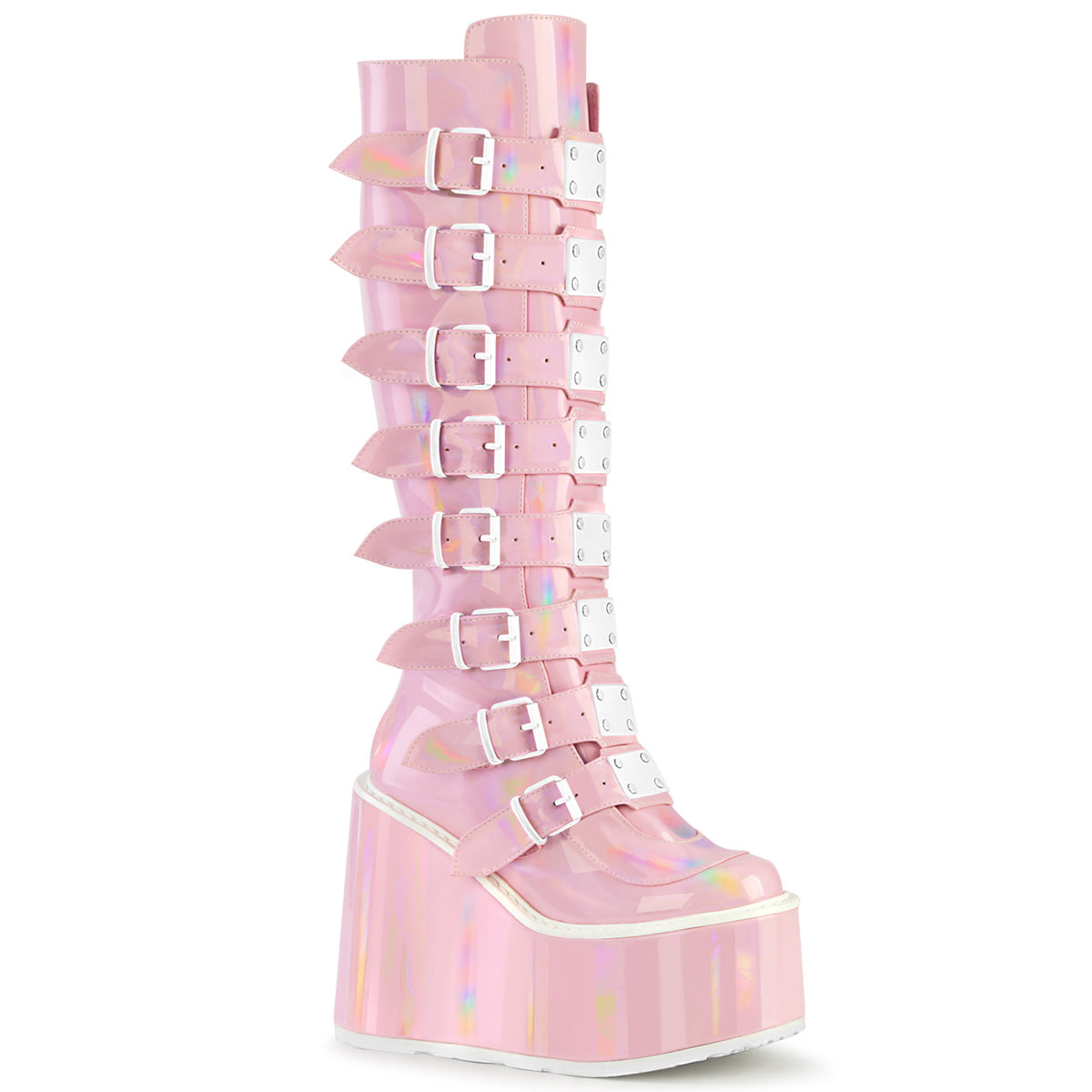 SWING-815 Baby Pink Hologram Knee Boot Demonia