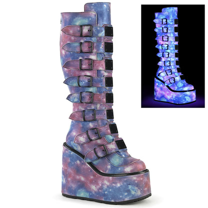 SWING-815 Purple-Blue Reflective Vegan Leather Knee Boot Demonia