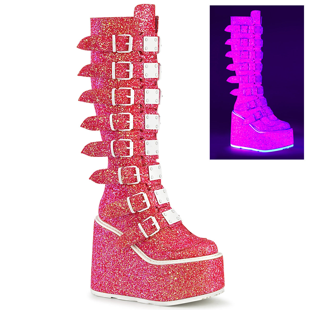 SWING-815UV Pink Glitter Knee Boot Demonia