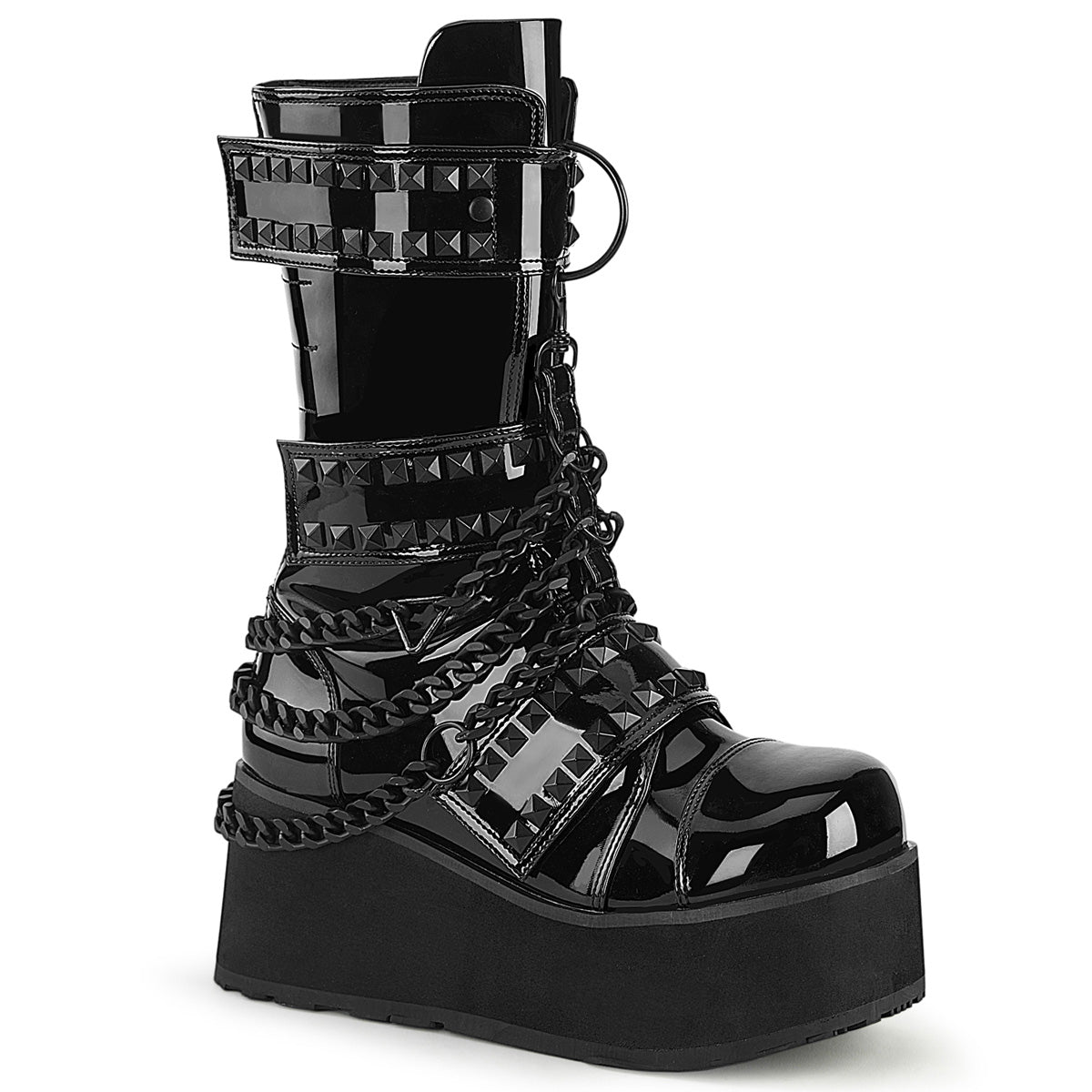 TRASHVILLE-138 Black Patent Mid-Calf Boot Demonia