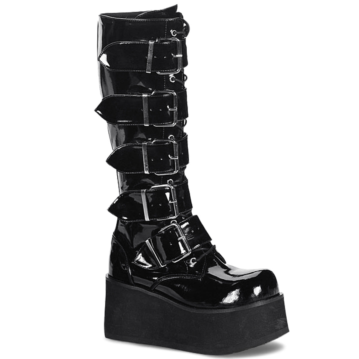 TRASHVILLE-518 Black Patent Knee Boot Demonia