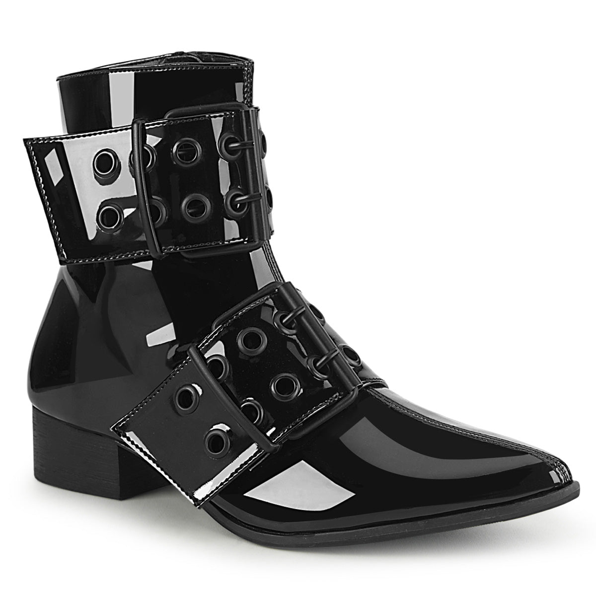WARLOCK-55 Black Patent Ankle Boot Demonia