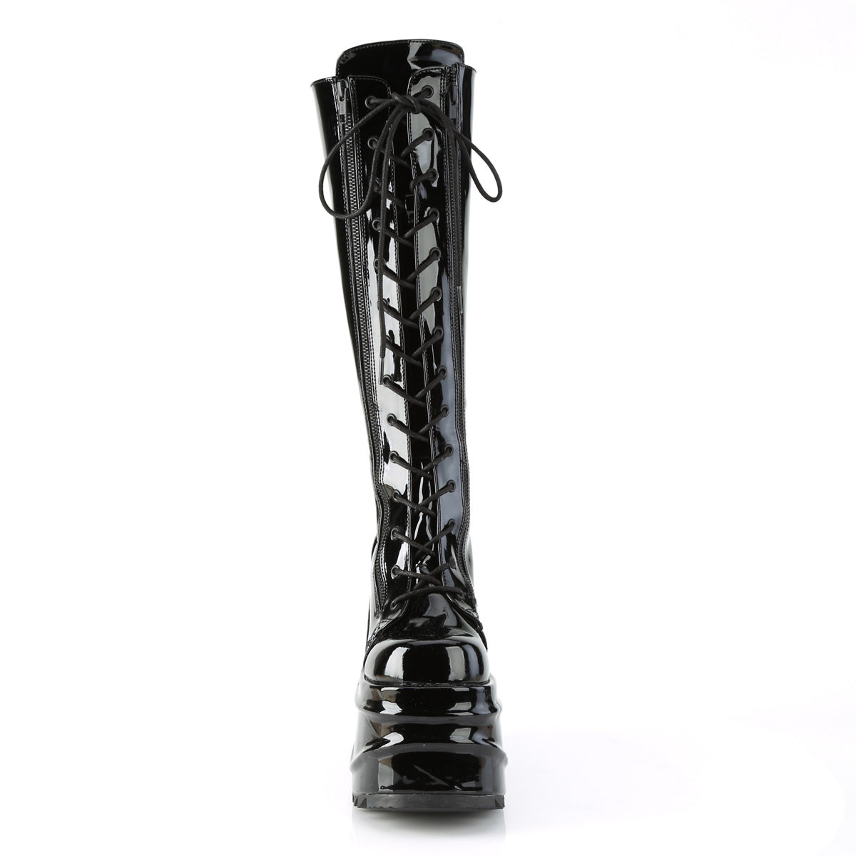 WAVE-200 Black Patent Knee Boot Demonia