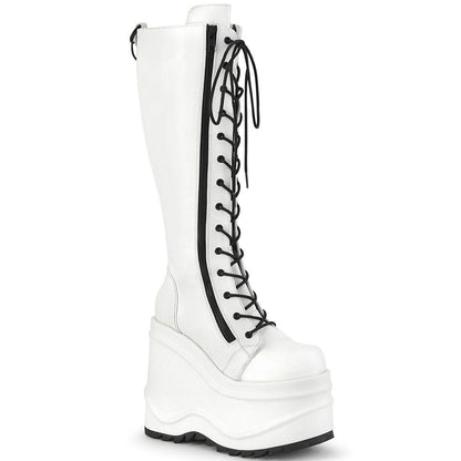 WAVE-200 White Vegan Leather Knee Boot Demonia