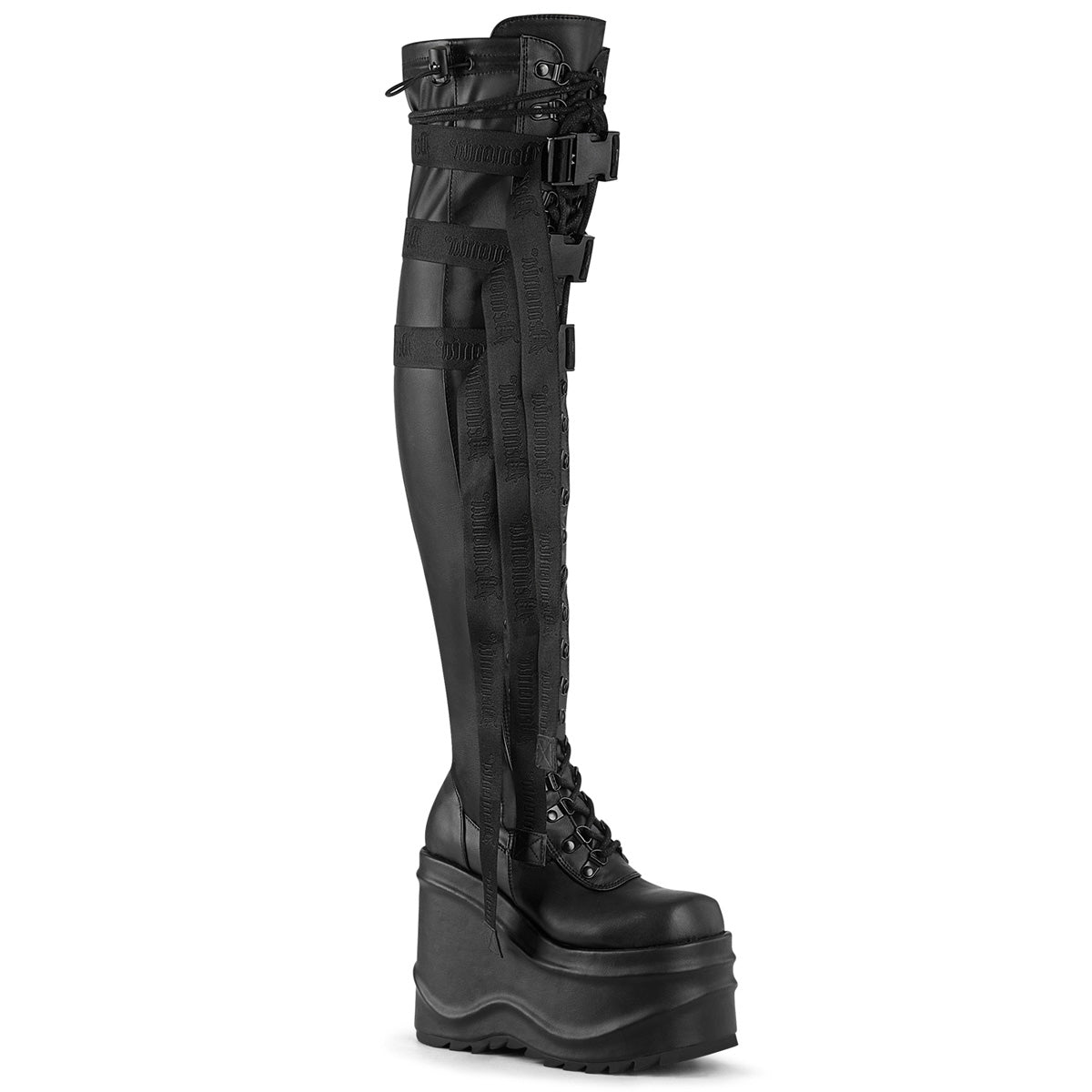 WAVE-315 Black Stretch Vegan Leather Thigh Boot Demonia