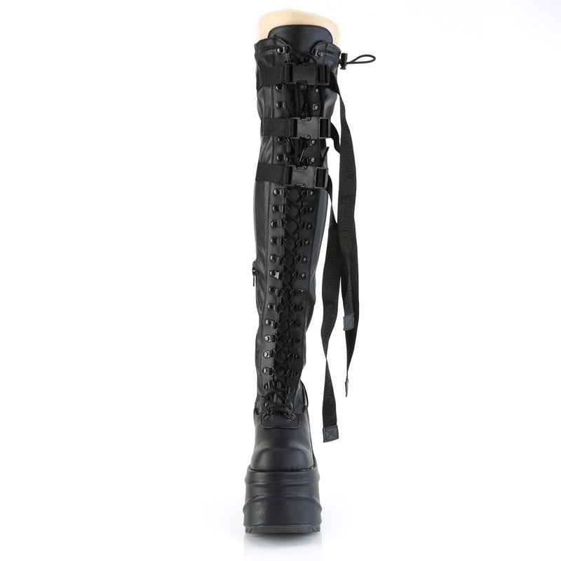 WAVE-315 Black Stretch Vegan Leather Thigh Boot Demonia US Size (Women's): 6