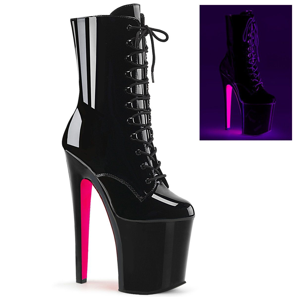 XTREME-1020TT Black Patent/Black-Neon HotPink Ankle Boot Pleaser