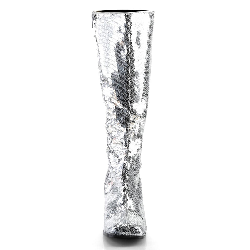 Bordello SPECTACUL-300SQ Knee High Boot (Silver Sequins)