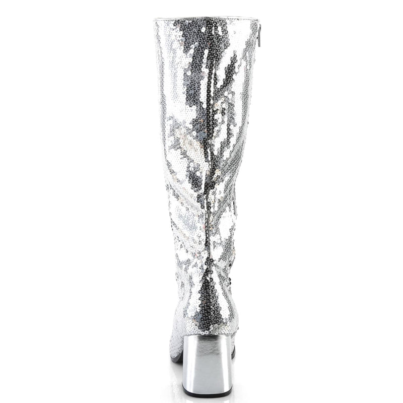 Bordello SPECTACUL-300SQ Knee High Boot (Silver Sequins)