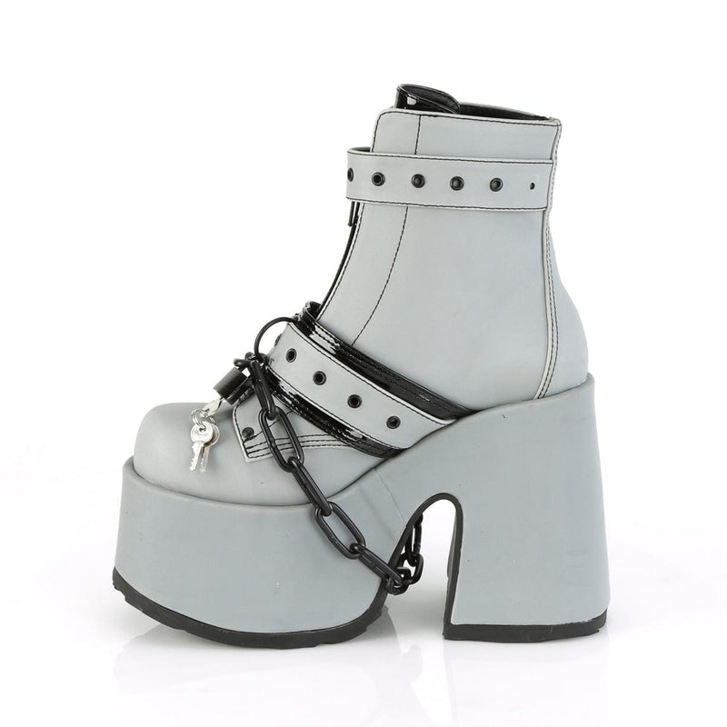 CAMEL-205 Grey Reflective Vegan Leather Ankle Boot Demonia US Size (Women's): 6