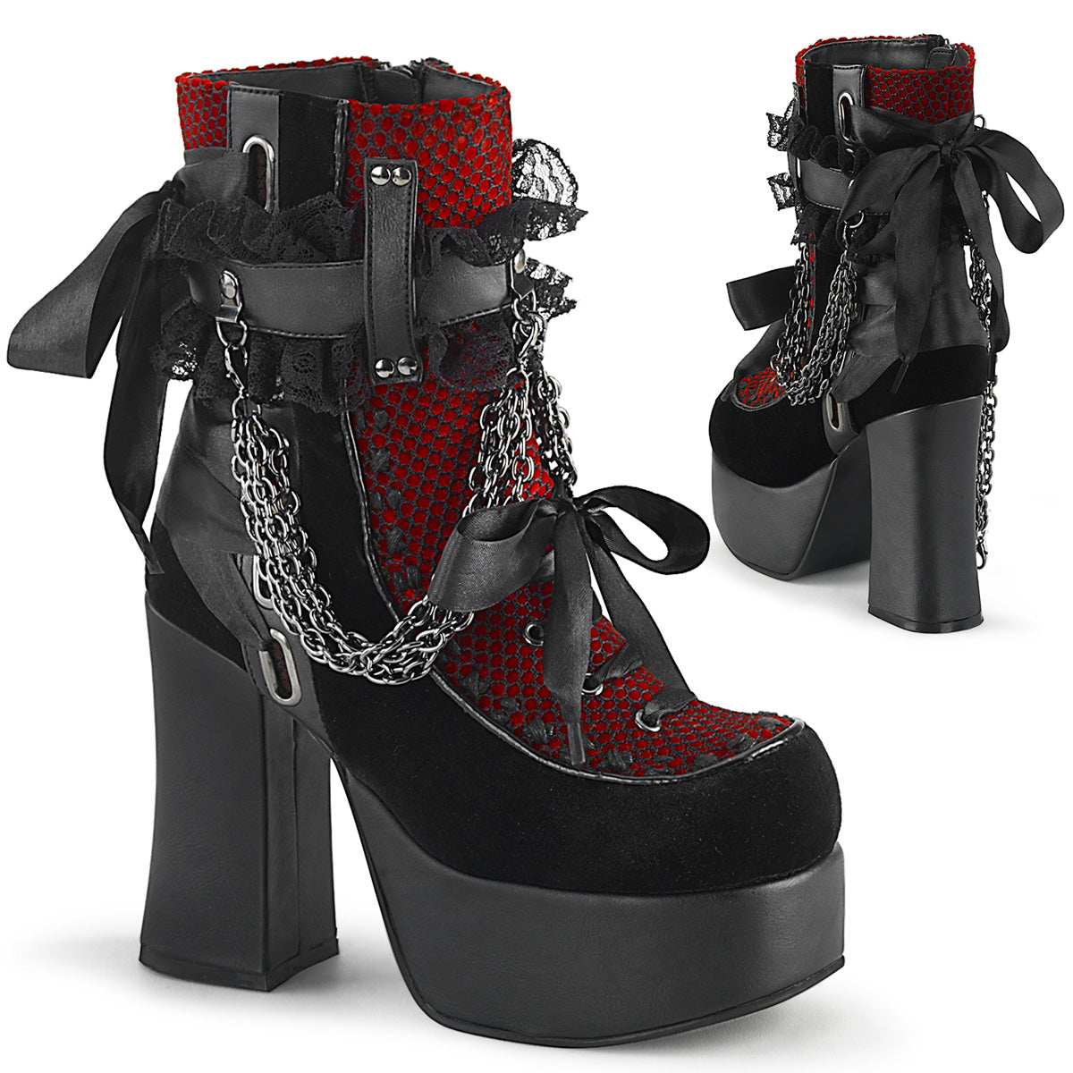 CHARADE-110 Black Vegan Leather-Red-Black Velvet-Fishnet Overlay Ankle Boot