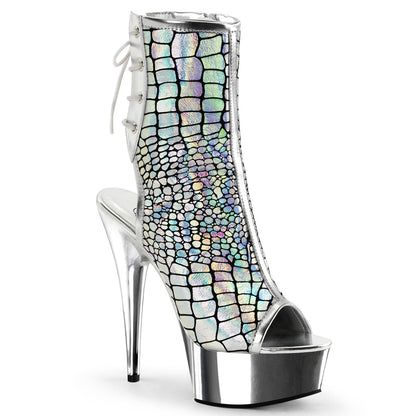 DELIGHT-1018HG Silver Hologram Ostrich Pu/Silver Chrome Ankle Boot