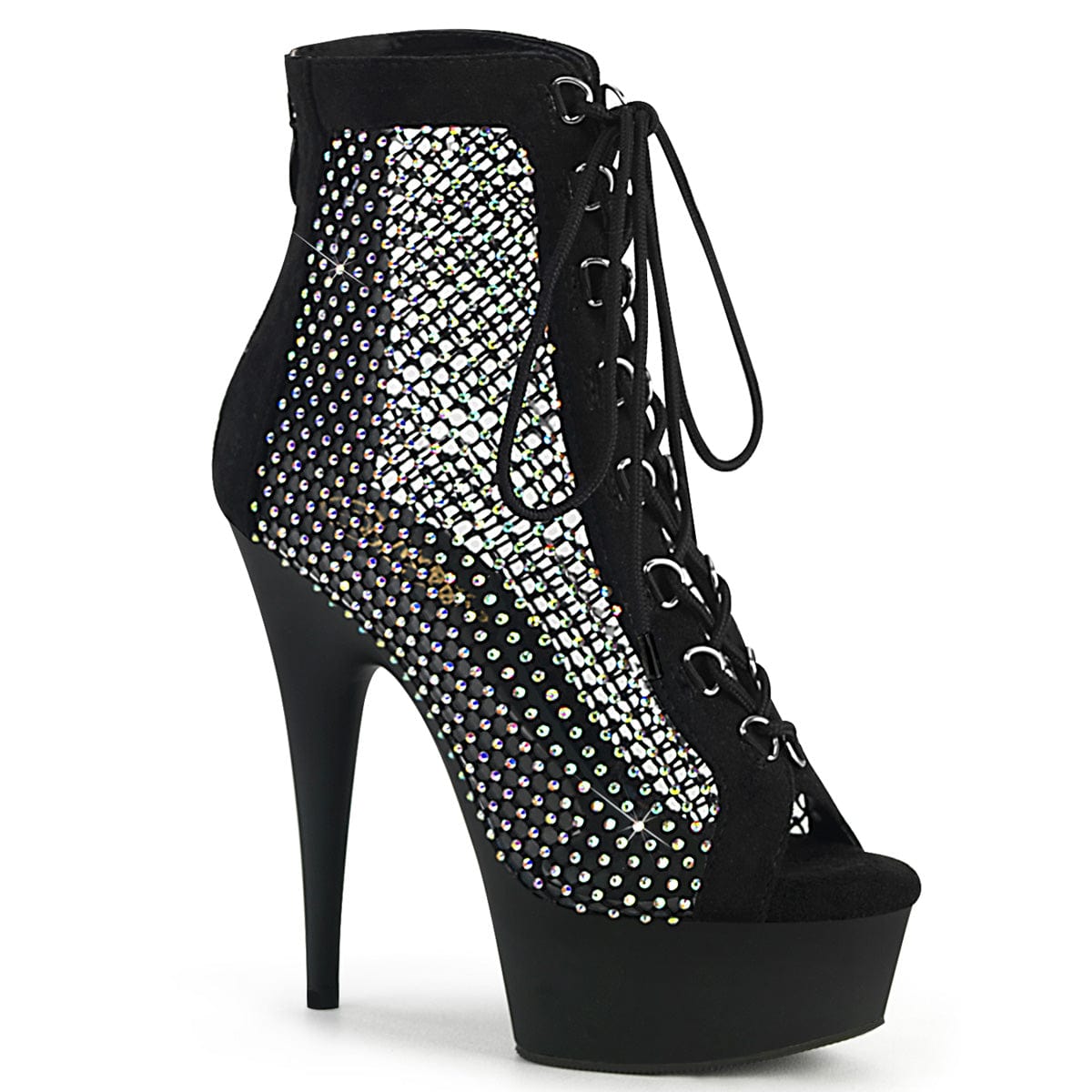 DELIGHT-600-33RM Black Faux Suede-Rhinestones Mesh/Black Matte
