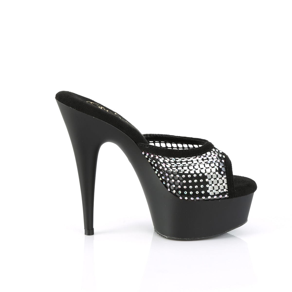 DELIGHT-601-6RM Black Faux Suede-Rhinestones Mesh/Black Matte