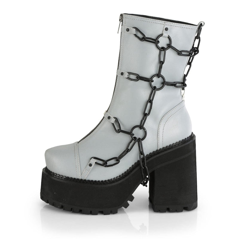Demonia ASSAULT-66 Ankle Boot (Grey Reflective Vegan Leather)