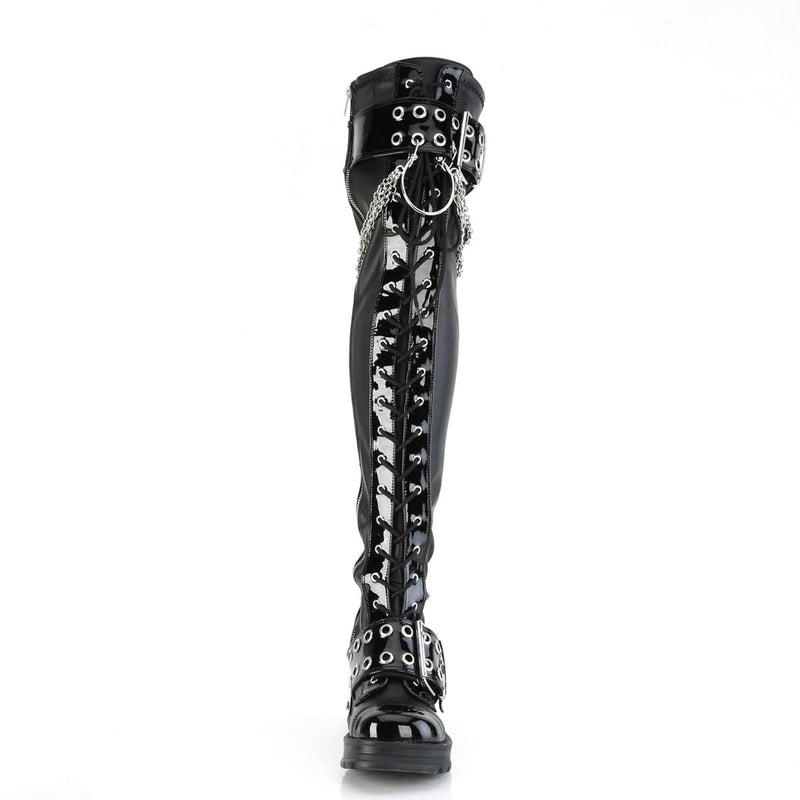 Demonia BRATTY-304 Knee High Boot (Black Stretch Vegan Leather)