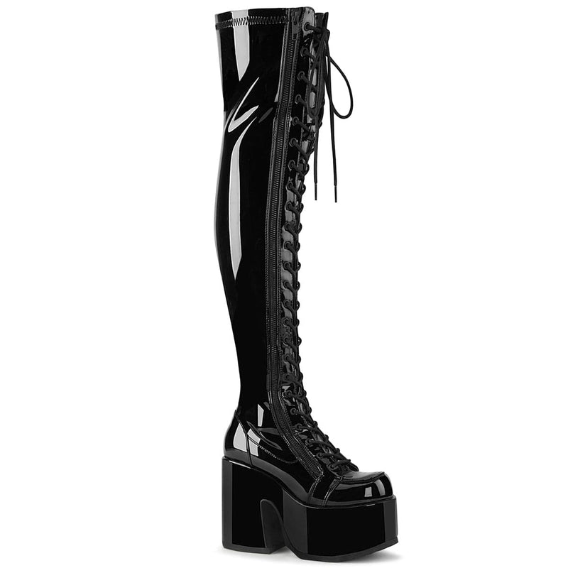 Demonia CAMEL-300 Thigh High Boot (Black Stretch Patent)
