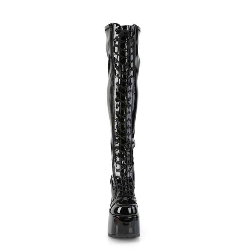 Demonia CAMEL-300 Thigh High Boot (Black Stretch Patent)