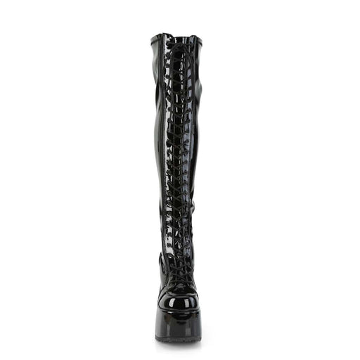 Demonia CAMEL-300 Thigh High Boot (Black Stretch Patent)