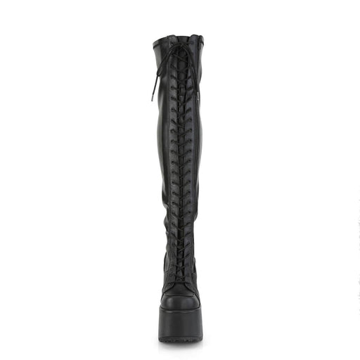 Demonia CAMEL-300 Thigh High Boot (Black Stretch Vegan Leather)