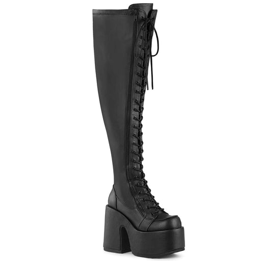 Demonia CAMEL-300WC Thigh High Boot (Black Stretch Vegan Leather)