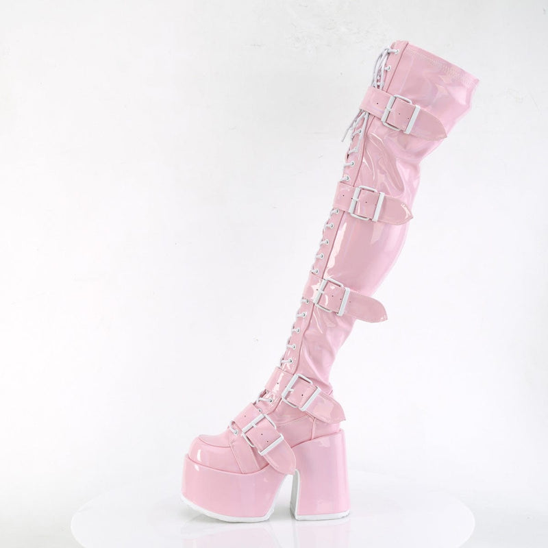 Demonia CAMEL-305 Thigh High Boot (Baby Pink Stretch Hologram)