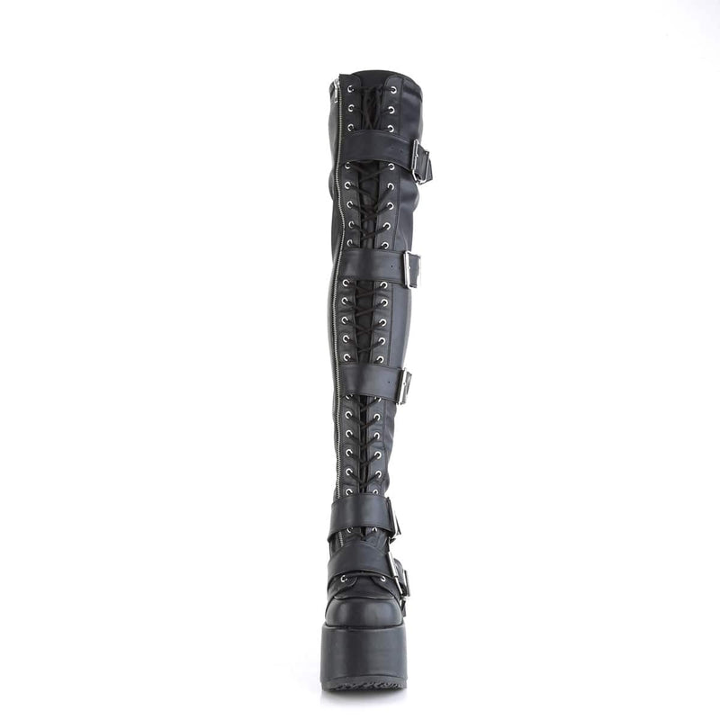 Demonia CAMEL-305 Thigh High Boot (Black Stretch Vegan Leather)