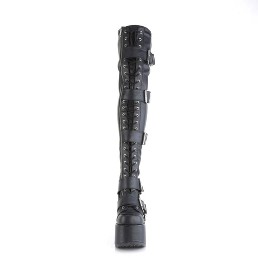 Demonia CAMEL-305 Thigh High Boot (Black Stretch Vegan Leather)