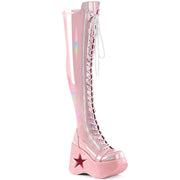 Demonia DYNAMITE-300 Thigh High Boot (Baby Pink Stretch Holo)