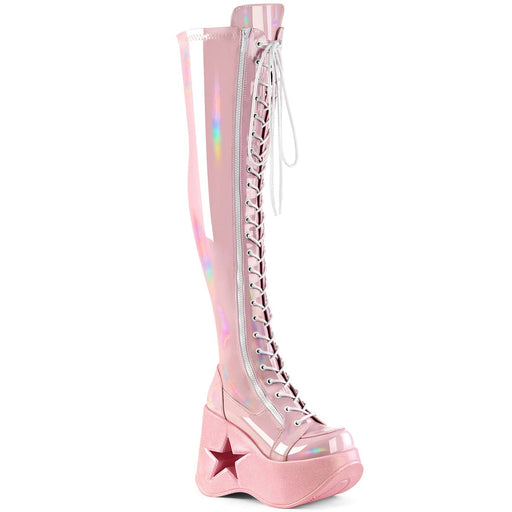 Demonia DYNAMITE-300 Thigh High Boot (Baby Pink Stretch Holo)