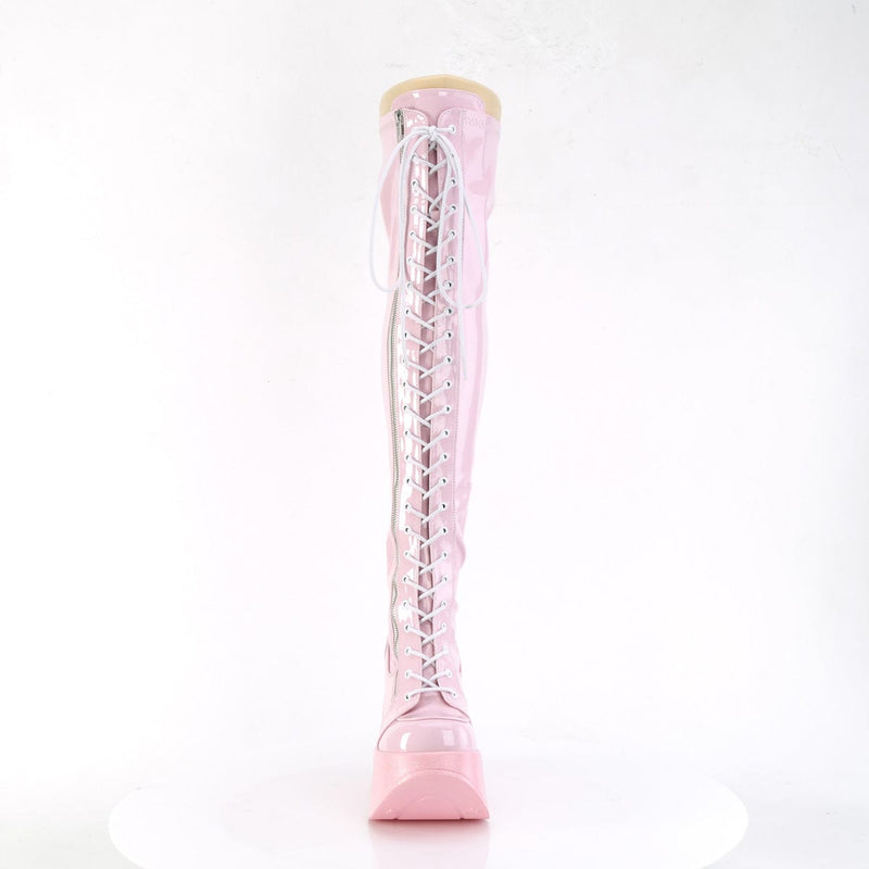 Demonia DYNAMITE-300 Thigh High Boot (Baby Pink Stretch Holo)