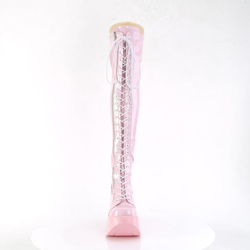 Demonia DYNAMITE-300 Thigh High Boot (Baby Pink Stretch Holo)