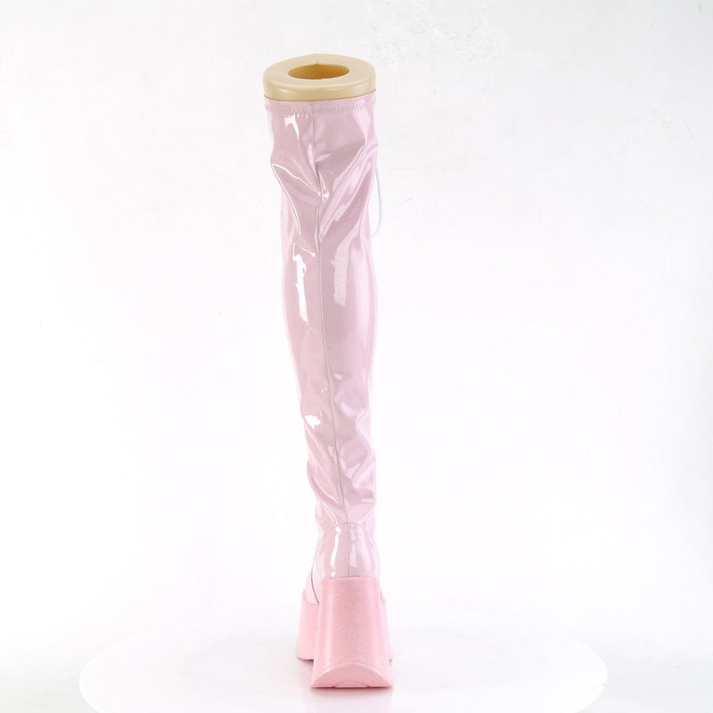 Demonia DYNAMITE-300 Thigh High Boot (Baby Pink Stretch Holo)