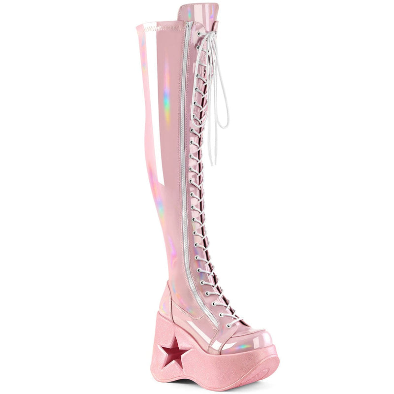 Demonia DYNAMITE-300 Thigh High Boot (Baby Pink Stretch Holo)