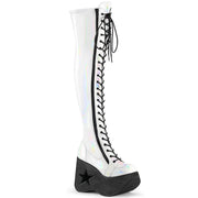 Demonia DYNAMITE-300 Thigh High Boot (White Stretch Holo)
