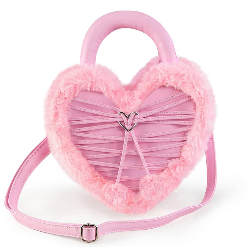 Demonia HB-631 Heart Shaped Fur Purse Convertible Bag (Baby Pink Vegan Leather Faux Fur) ONE SIZE