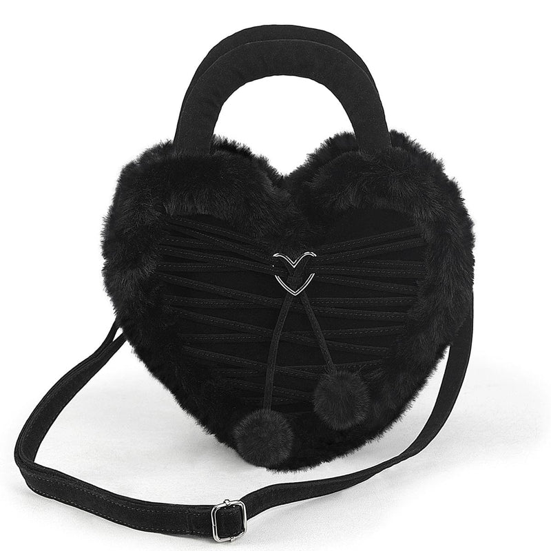 Demonia HB-631 Heart Shaped Fur Purse Convertible Bag (Black Faux Suede Faux Fur) ONE SIZE