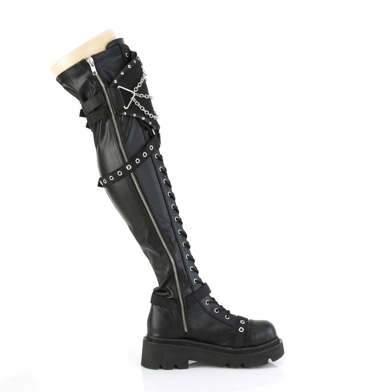 Demonia RENEGADE-320 Knee High Boot (Black Stretch Vegan Leather)
