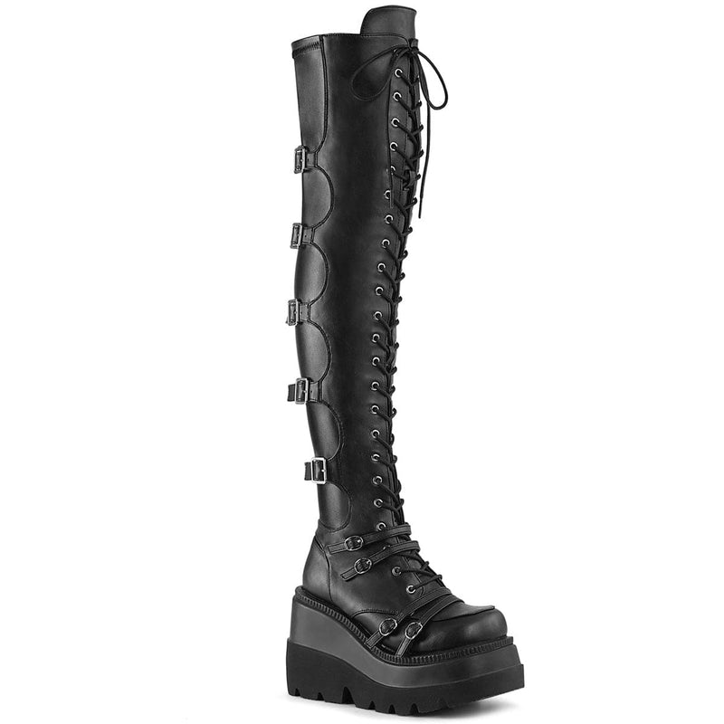 Demonia SHAKER-350 Knee High Boot (Black Veagn Leather-Stretch)