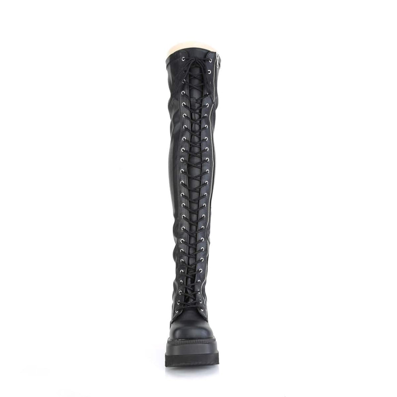 Demonia SHAKER-374 Thigh High Boot (Black Stretch Vegan Leather)