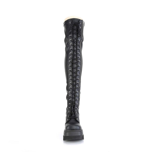Demonia SHAKER-374 Thigh High Boot (Black Stretch Vegan Leather)