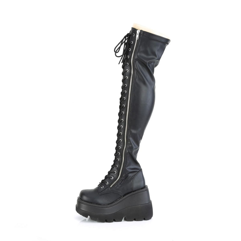 Demonia SHAKER-374 Thigh High Boot (Black Stretch Vegan Leather)