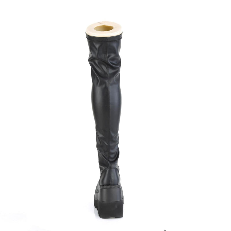 Demonia SHAKER-374 Thigh High Boot (Black Stretch Vegan Leather)