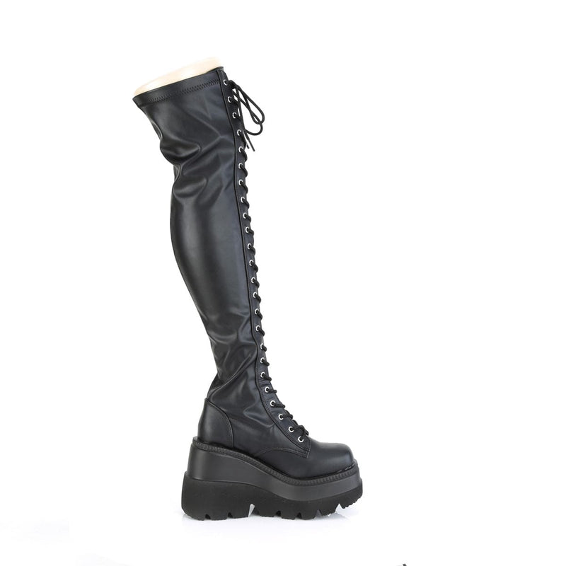 Demonia SHAKER-374 Thigh High Boot (Black Stretch Vegan Leather)