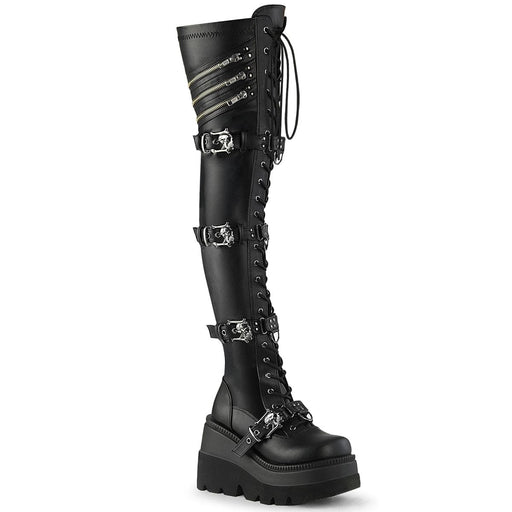 Demonia SHAKER-420 Thigh High Boot (Black Stretch Vegan Leather)