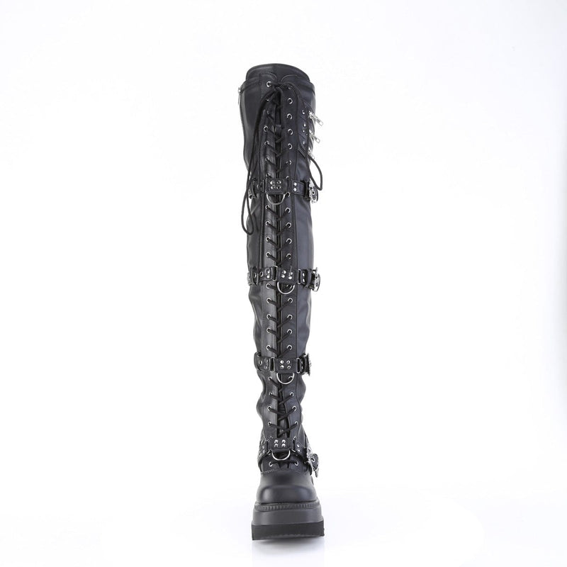 Demonia SHAKER-420 Thigh High Boot (Black Stretch Vegan Leather)