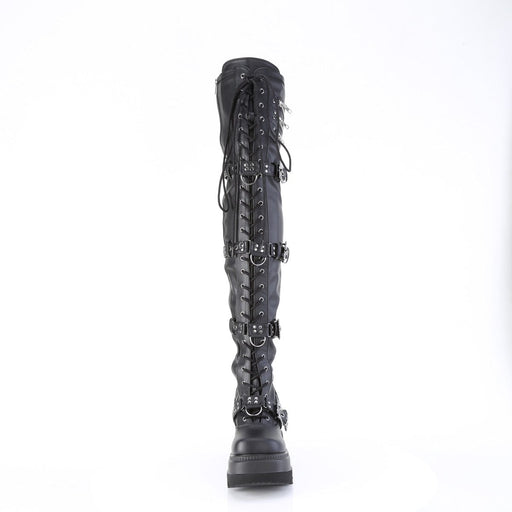 Demonia SHAKER-420 Thigh High Boot (Black Stretch Vegan Leather)
