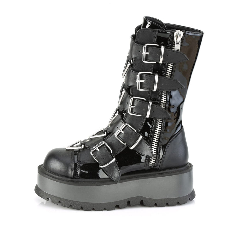 Demonia SLACKER-160 Mid-Calf Boot (Black Patent-Vegan Leather)