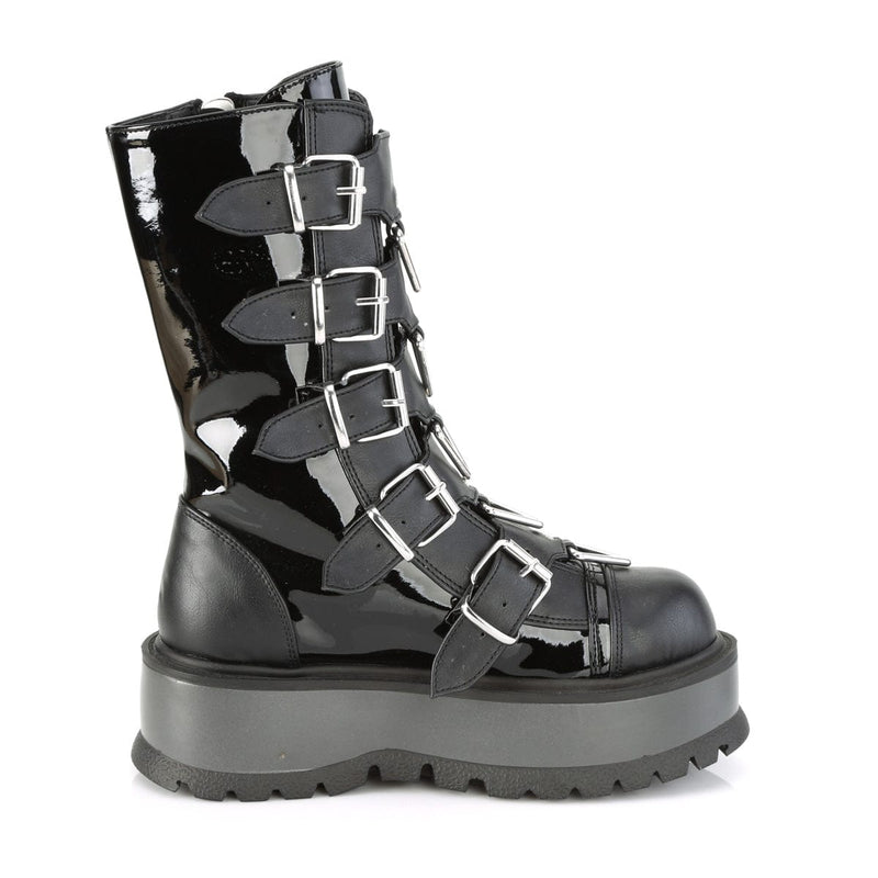 Demonia SLACKER-160 Mid-Calf Boot (Black Patent-Vegan Leather)