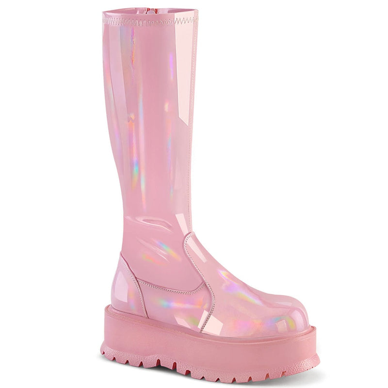 Demonia SLACKER-200 Knee High Boot (Baby Pink Holo Patent)